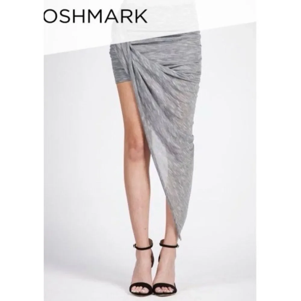 Hommage Gray Draped Twist Front Asymmetrical Midi Skirt Rayon Small